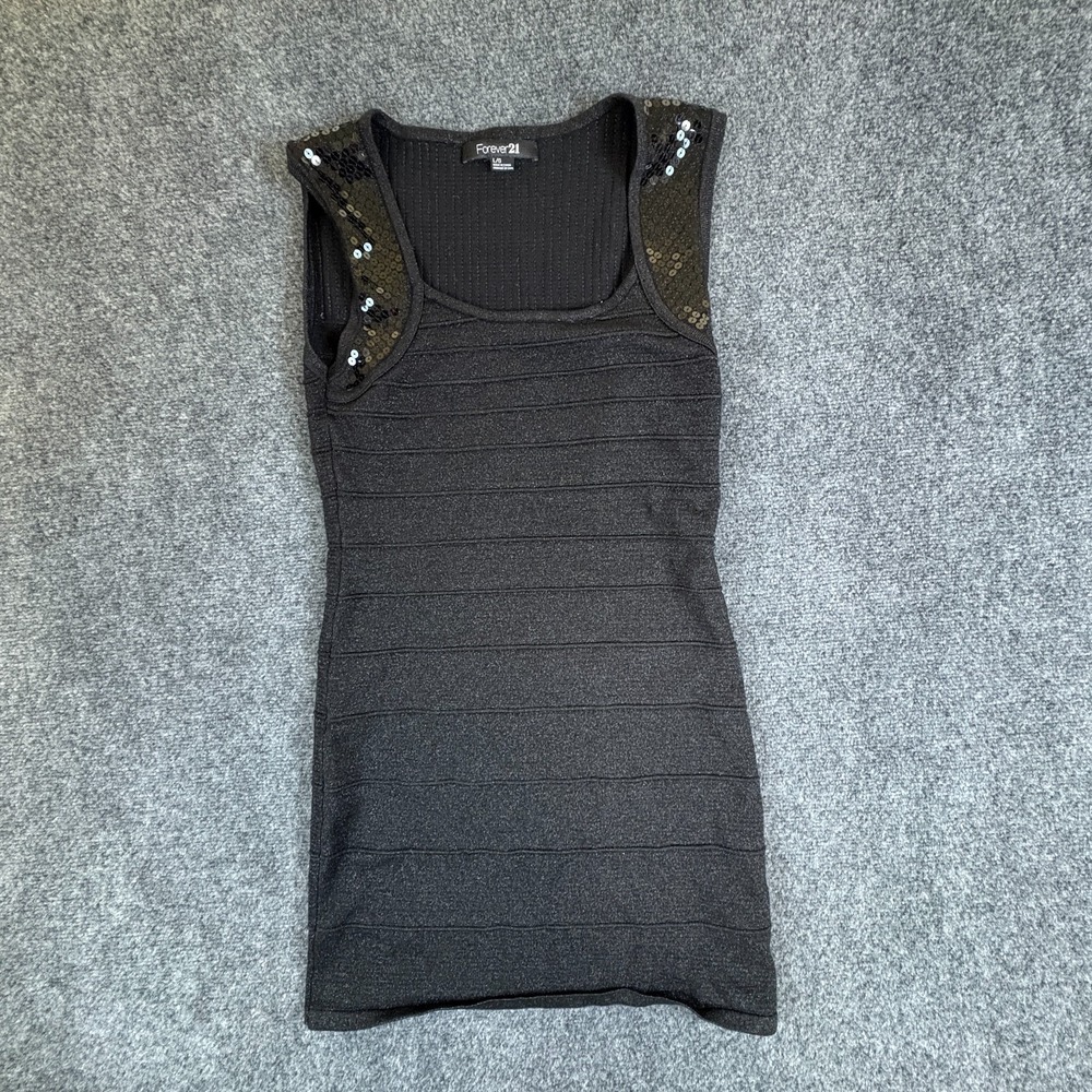 Forever 21 Bodycon Dress Womens Large‎ Black Rayon Sequin Shoulders Sleeveless